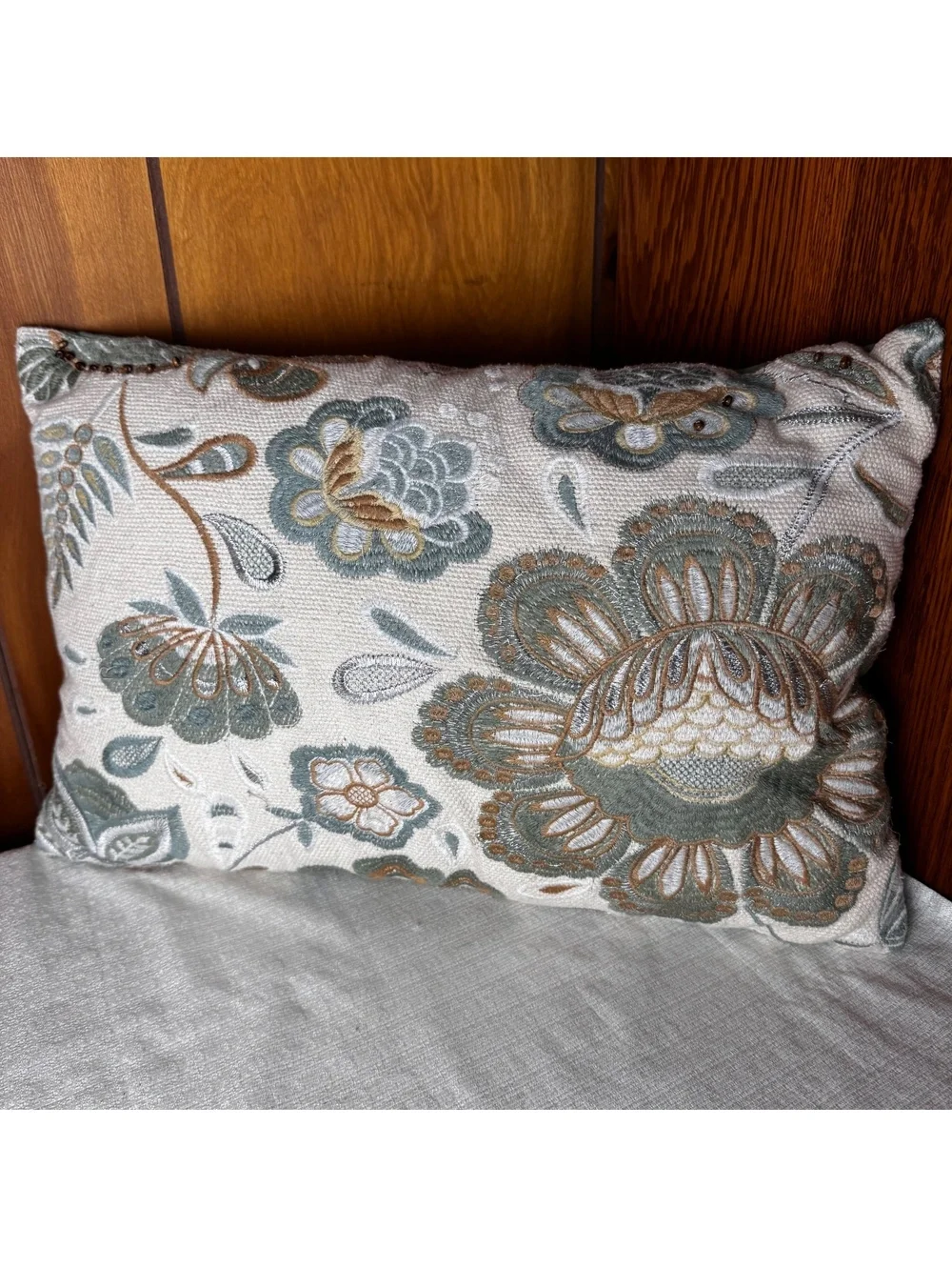 Pier 1 Embroidered Floral Lumbar Pillow Blue Green Brown 18x11 Cottage Decor